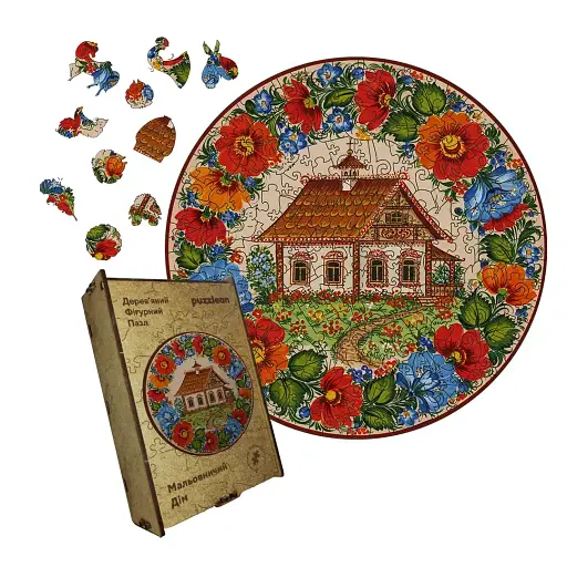 Деревянный пазл Декоративная Роспись Живописный Дом, А5, Деревянная коробка 35 элементов