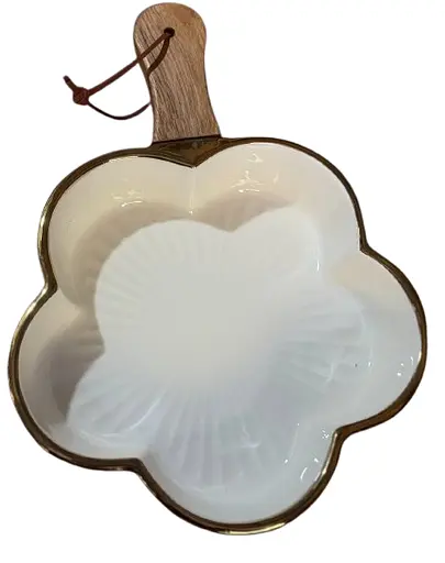 Керамическая тарелка с ручкой в форме листа для десертов фруктов Белый с золотым - фото 1