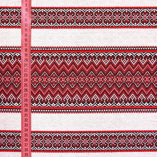 Лляная ткань с украинским орнаментом "Рандеву красный" (от 1 м) - фото 2