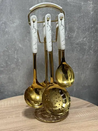 Набір кухонного приладдя на підставці з нержавіючої сталі 6 предметів Золото з білим - фото 5