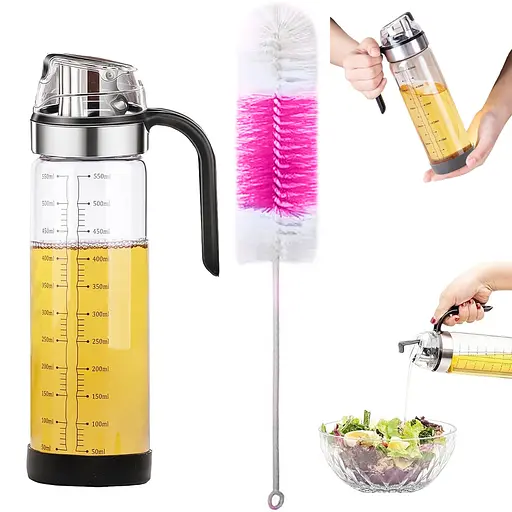 Диспенсер дозатор для масла уксуса соуса стеклянная бутылка с автоматическим открытием 550 мл с ершиком 28 см, Kitchen Master 86066 - фото 1