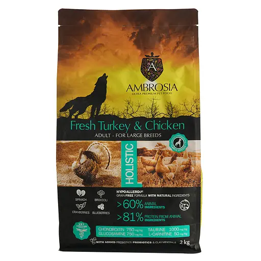 Уценка. Сухой корм Ambrosia Grain Free Dog Adult For Large Breeds Fresh Turkey & Chicken для взрослых собак крупных пород со свежей индейкой и курицей 2 кг - фото 2