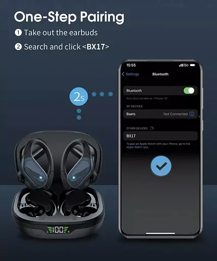 Бездротові спортивні Bluetooth навушники TWS BX17, водонепроникні, з індикатором заряду Чорні - фото 5