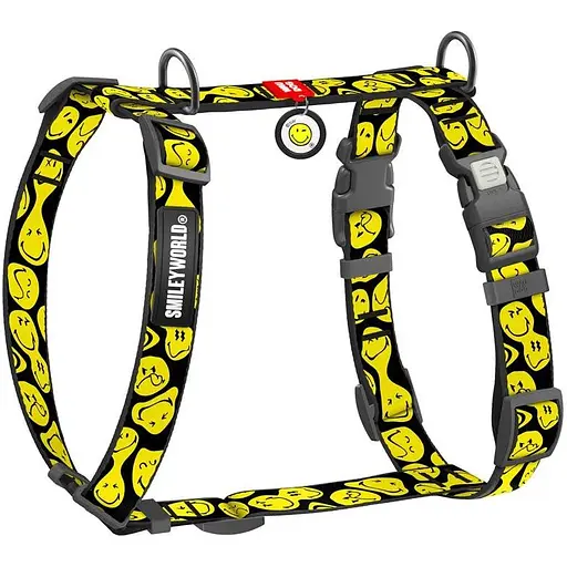 Шлея для собак Waudog Nylon анатомічна H-подібна з QR-паспортом, малюнок "Смайли на чорному", пластиковий фастекс, L