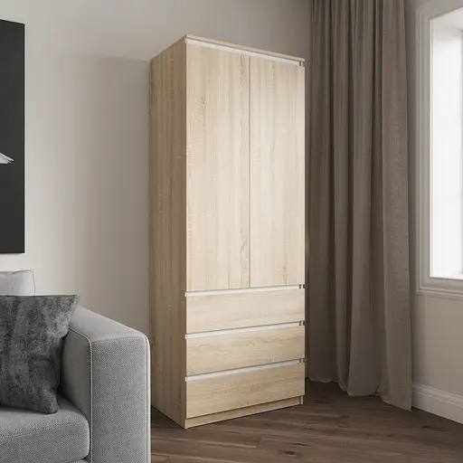 Шкаф для одежды Vays R-16 Дуб Сонома-Белые планки, 3 ящика, полки, без ручек, ЛДСП, 80×50×211 см – для спальни, гостиной, прихожей