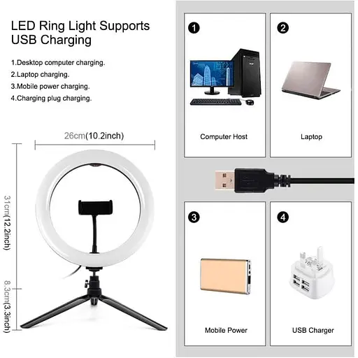 Кільцева USB LED лампа Puluz PKT3082B 10" + настільний штатив - фото 3