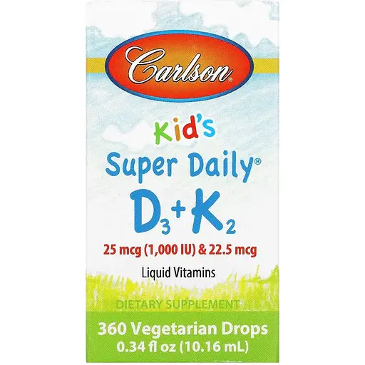 Набір: вітамін D3+K2 для дітей Carlson Kid's Super Daily D3+K2 1000 МО 22.5 мкг у краплях 10.16 мл  + вітамін D3+K2 Carlson Vitamin D3+K2 2000 МО 90 мкг 30 вегетаріанських капсул - фото 3