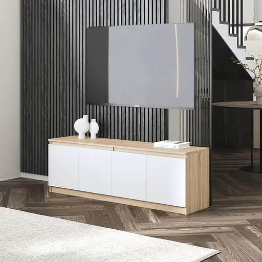 Тумба під телевізор Vays у вітальню, сучасна з полицями, без ручок R-31 Дуб Сонома-Білий фасад