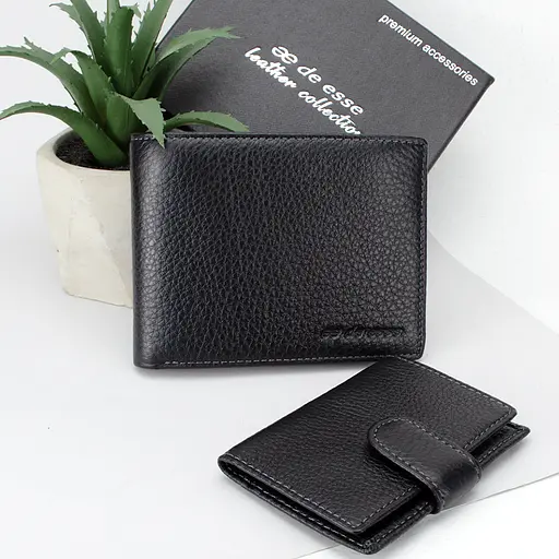 Кошелёк мужской кожаный De Esse LC14299-GD01 чёрный c обложкой на права в комплекте - фото 1