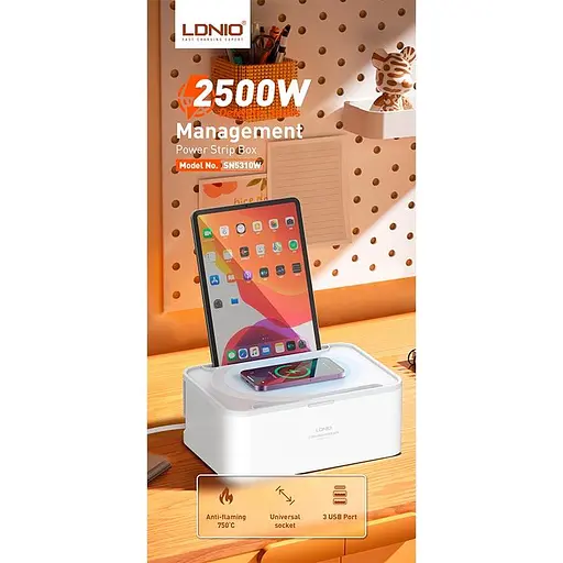 Удлинитель сетевой LDNIO Management Power Strip Box SN5310W 15W Qi/1Type-C/2USB, QC/PD, 5 Sockets, 30W/10A - фото 2