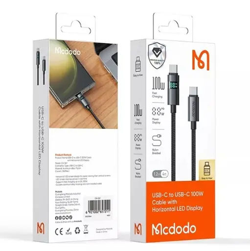 Кабель Mcdodo Horizontal LED Display 100W USB-C to USB-C Data Cable 1.2 м CA-5610 Черный - фото 2