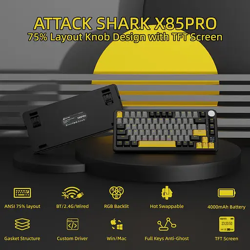 Игровая механическая беспроводная клавиатура Attack Shark X85 Pro / Три режима подключения / Blueberry Switch / Black - фото 3