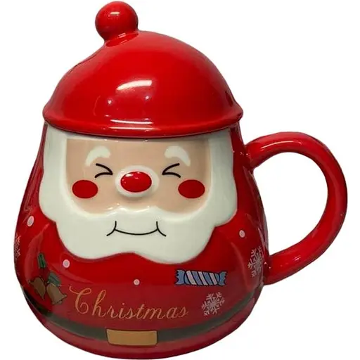 Новорічна кружка Olens Різдвяний помпон з кришкою керамічна 350 мл Червона - фото 1