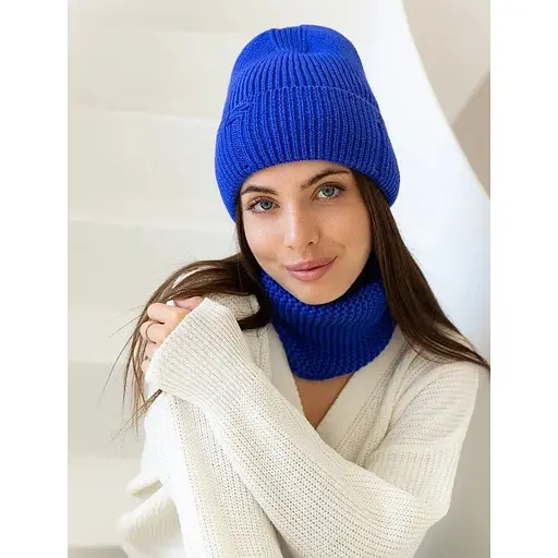 Женская вязаная шапка и снуд набор 1 шерсть 20% с отворотом Синий - фото 1