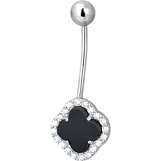 Серебряная серьга для пирсинга пупка Клевер с ониіксом. 6025 - фото 1