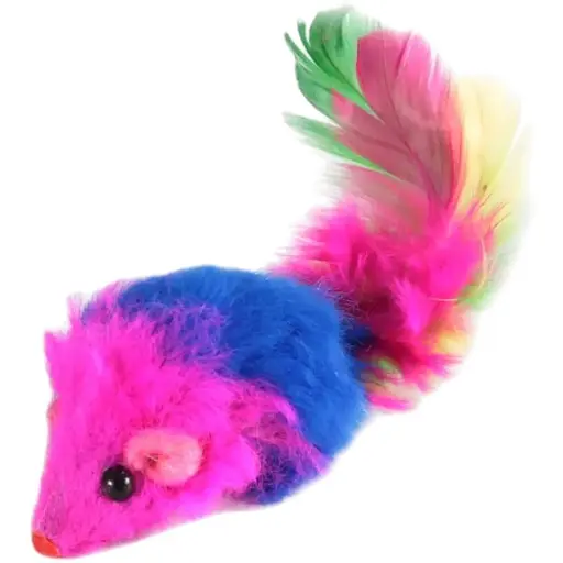 Миша з брязкальцем та пером Fox іграшки для котів у пакеті синьо-червона 5 см - фото 1