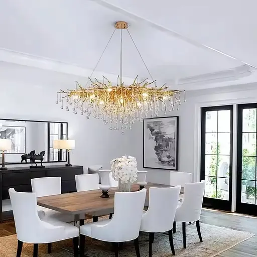 Люстра золотая удлиненная с хрустальными капельками 100х50 см Line F | Ст. 705L-1000 GD+CL - фото 1