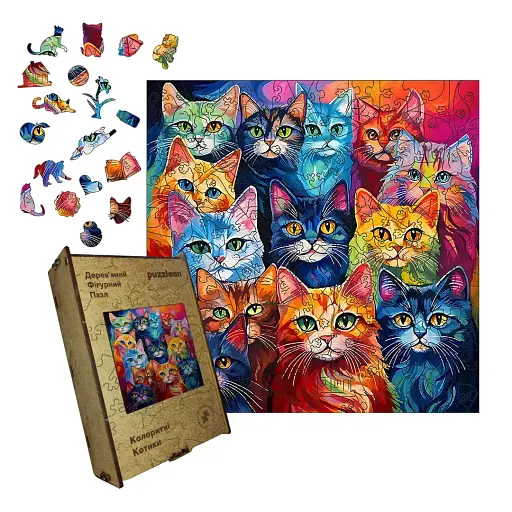 Дерев'яний фігурний пазл Колоритні Котики, А3, Картонна коробка 200 елементів