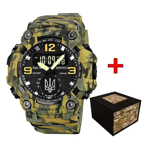 Наручные часы мужские 003CMGRUASI Тризуб срібло Зеленый камуфляж + Коробка. Awarder acs0031906