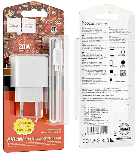Сетевое зарядное устройство Hoco CS13A Ocean PD20W с кабелем Type-C Type-C белый - фото 3