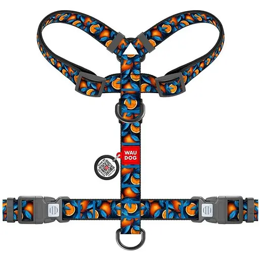 Шлейка для собак Waudog Nylon анатомическая H-образная с QR-паспортом, рисунок "Апельсины", пластиковый фастекс, M - фото 2