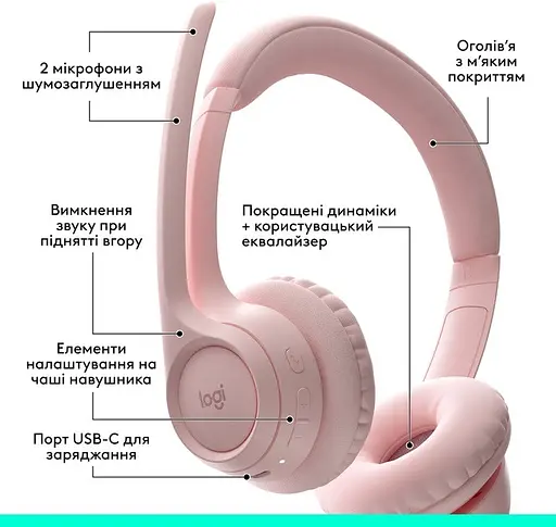 Навушники Logitech бездротова ігрова гарнітура Zone 300 (981-001412) рожева - фото 6