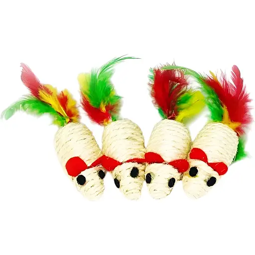 Миша сизалева з пером Fox іграшки для котів у пакеті 6 см в асортименті - фото 1