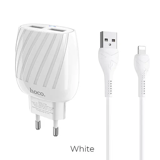 Зарядный адаптер с кабелем HOCO Lightning Cable Max energy C78A 2 порта белый комплект - фото 3