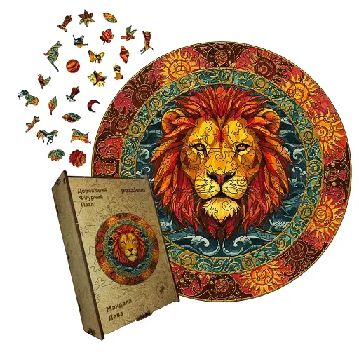 Деревянный пазл Мандала Льва, А4, Картонная коробка 100 элементов.