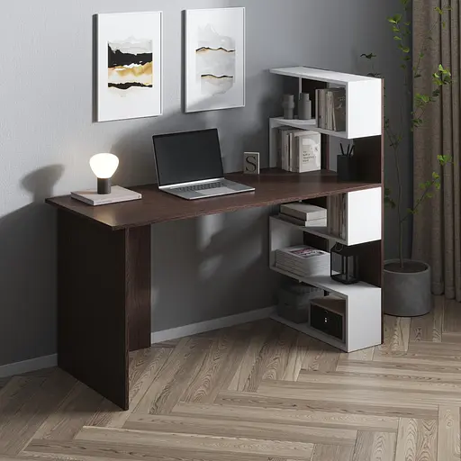 Комп’ютерний стіл Vays M-15 Венге Темний-Білий, письмовий з полицями праворуч, ЛДСП, 142×60×123 см - для дому, навчання, офісу