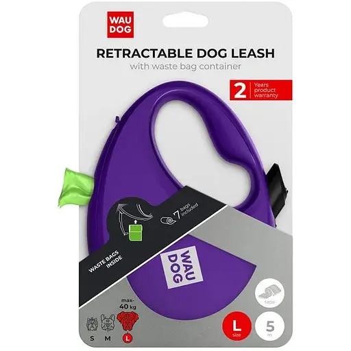 Повідець-рулетка для собак Waudog R-leash з контейнером для пакетів, світловідбивна стрічка, L, до 40 кг, 5 м, фіолетовий - фото 6