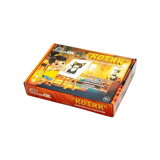Деревянный пазл-раскраска А5 "Котик" PuzzleOK Puz-22938 кисточка, краски, клейкая пленка - фото 1
