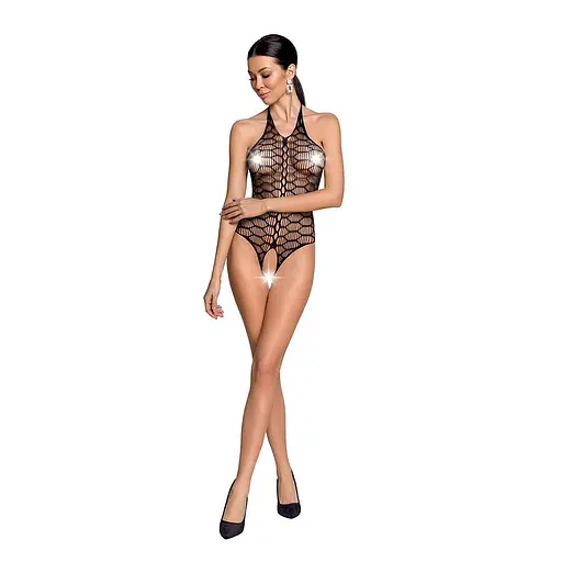 Бодістокінг у велику сітку Passion BS087 black відкрита спина халтер з доступом One size - фото 3