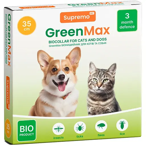 Нашийник Supremo GreenMax для собак/котів зелений захист від паразитів на натуральній основі 35 см
