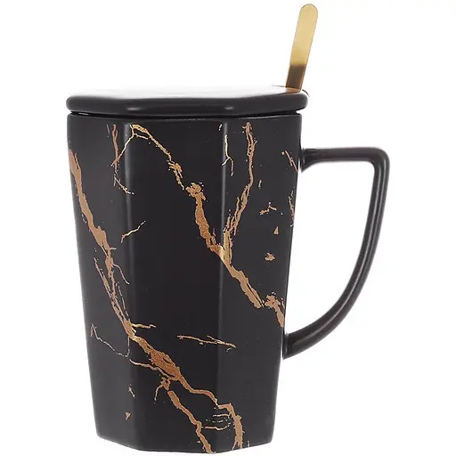 Кухоль порцеляновий заварювальний з кришкою і ложкою BonaDi Мармурова розкіш 350 мл чорний із золотом (805-732)