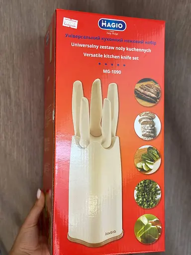 Универсальный набор 5 кухонных ножей нержавеющая сталь с подставкой бакелит для кухни Magio MG-1125 Бежевый - фото 6