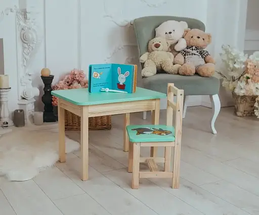 Дитячий письмовий столик та стільчик (з ящиком) для малювання та навчання (Зелений) Зайчик - фото 3