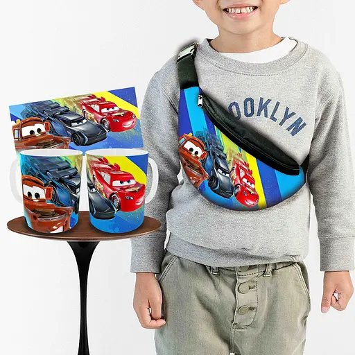 Набір: дитяча сумка-бананка+кружка Тачки Блискавка Маквін 32х15см, бананка для хлопчика через плече на подарунок (00982)