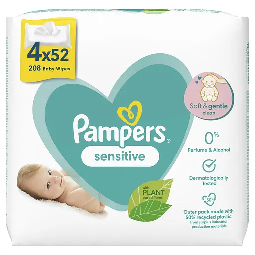 Уценка. Детские Влажные Салфетки Pampers Sensitive, 208 шт. (4 упаковки по 52 шт.) - фото 1