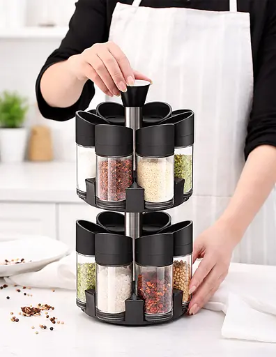Набор из 12 стеклянных баночек для специй и приправ на вращающейся подставке 360 градусов, дозатор 3 режима Черный 88203 - фото 2