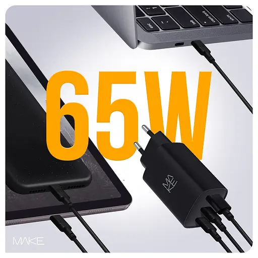 Зарядний пристрій мережевий MAKE 65W GaN3 2xType-C PD3.0 + USB QC4.0 Black - фото 4