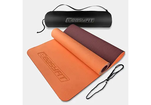 Коврик для йоги и фитнеса EasyFit TPE+TC 6 мм двухслойный + Чехол персиковый-коричневый (EF-1924s-PHBN) - фото 1