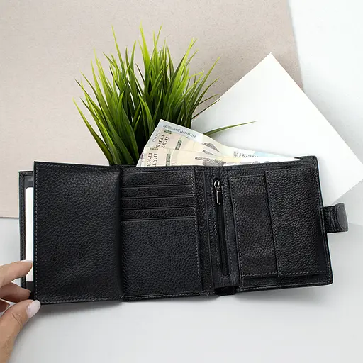 Кошелек мужской кожаный с карманом для прав 112-A черный на кнопке - фото 5