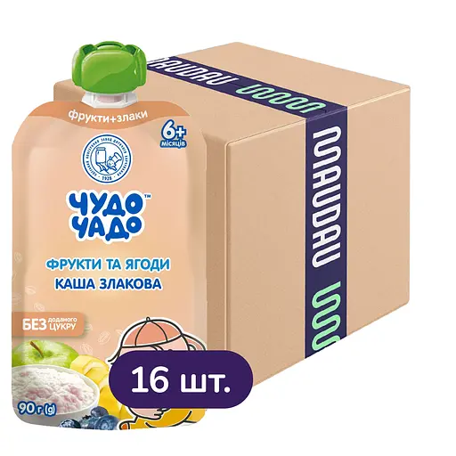 Упаковка пюре Чудо-чадо Фруктово-ягодное с кашей злаковой 1.44 кг (90 г х 16 шт.) - фото 1