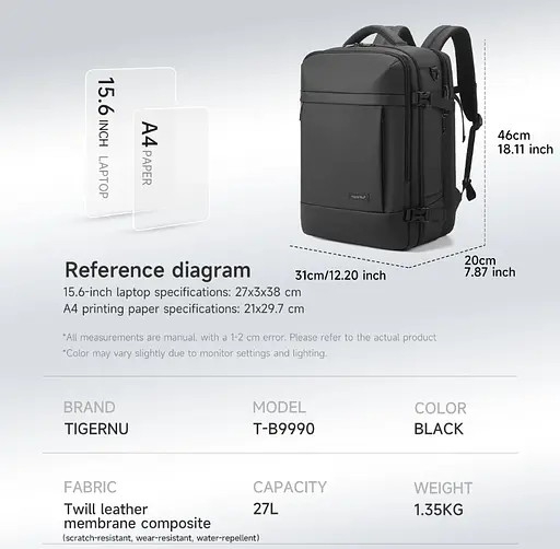 Рюкзак міський Tigernu T-B9990 27л з відсіком для ноутбука до 15.6" та USB Black (18197) - фото 4