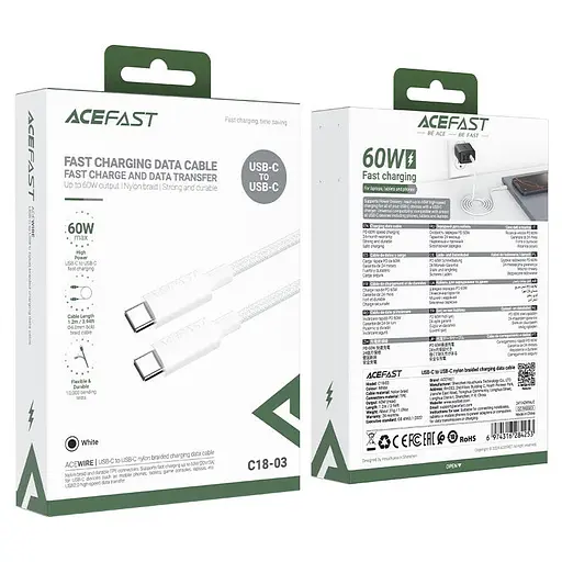 Кабель Acefast C18-03 USB-C to USB-C braid charging data cable білий - фото 2