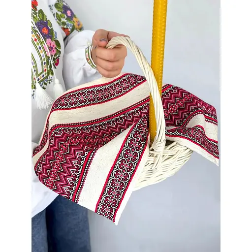 Комплект Великодній кошик Буковина (маленький) з лляним рушником 45х30 см Рандеву (червоний) та свічкою