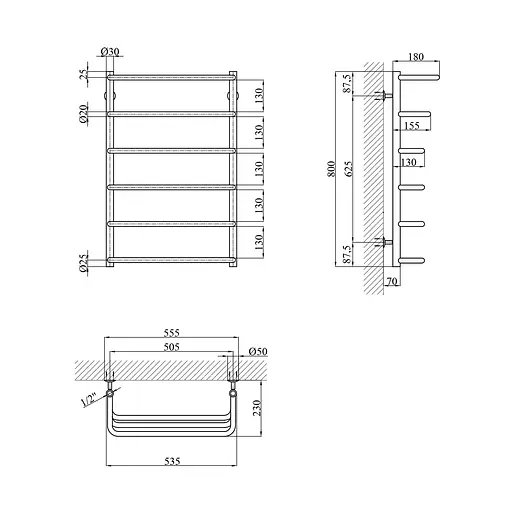 Полотенцесушитель водяной Kroner Каскад скоба ДКС05 800x530/6 CV017247, Хром, нижнее - фото 2