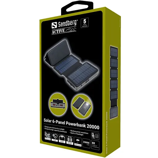 УМБ сонячна 6-Panel 7.5W Sandberg PD 20000 mAh, 2xUSB, Type-C OUT, ліхтарик - фото 5