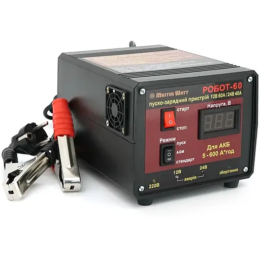 Пуско-зарядное ЗУ РОБОТ-60 для аккумуляторов 12/24V (5-600Ah) (MF, WET, AGM, GEL, CA/CA), 160-245V, Ток заряда 40А, крокодилы в комплекте